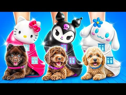One-color doghouse challenge! Hello Kitty vs Kuromi vs Cinnamon Roll!!