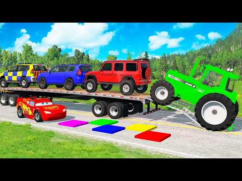 TRANSPORTING PIXAR CARS & FRUITS WITH COLORED & JOHN DEERE vs CLAAS vs TRACTORS - BeamNG.drive #983