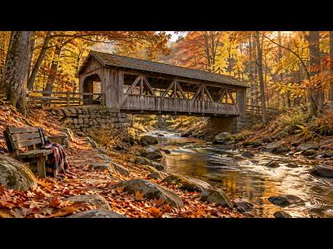 An Old Covered Bridge over an Autumn Creek 🍂 Warm Jazz & Forest Stream Ambience | 2 Hours