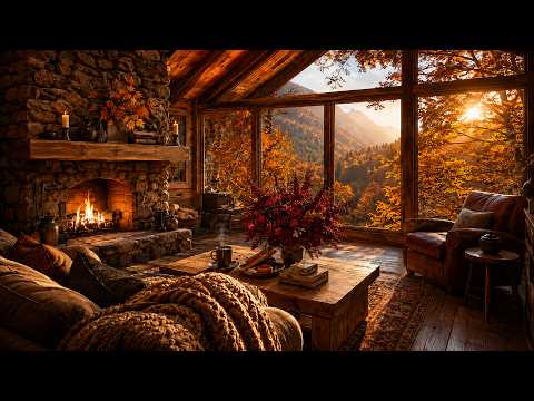 Golden Autumn Morning in a Mountain Cabin 🍂 | Fireplace, Coffee & Cozy Fall Ambience 4K | 3 Hours
