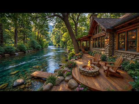 Relaxing Summer Piano Music Riverside Cabin Porch 🔥🌿 Campfire, Bird &amp; Nature Sounds Ambience