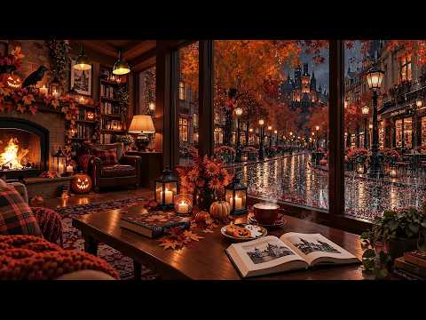 Deep Focus & Study in Cozy Halloween Café on Rain Day🍂Calm & Fall Jazz, Fire Crackle with Hot Coffee