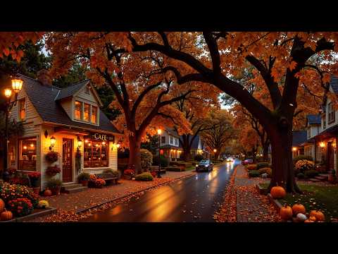 Scene Evening Falls Over Vermont Village an October 🍂 Deep & Calm Jazz, Warm Lights for Quiet Nights