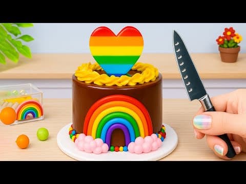 Miniature Rainbow Chocolate Cake Decorating | How To Make Tiny Rainbow Cake with Heart Chocolate