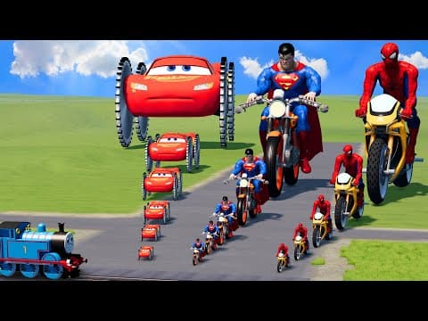 Big & Small: Lightning Mcqueen vs Superman vs Spiderman on a motorcycle vs Thomas the Train | BeamNG
