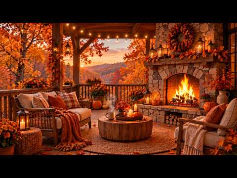 NO ADS 🎷 Cozy Autumn Porch Jazz 🍂 Warm Fireplace Ambience for Relaxing, Study & Sleep