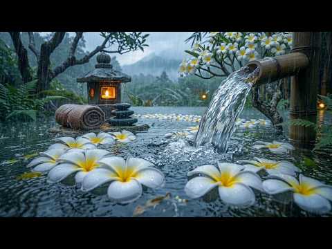 Relaxing Bamboo Water Fountain 🌧️ Rain Sounds, Healing Piano Music, Sleep Music, Meditation & Nature