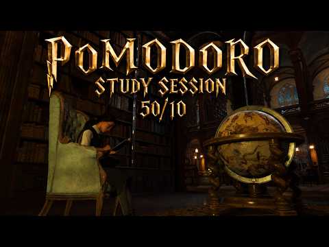[4K] Cozy Autumn Study at Hogwarts Library - 50/10 Pomodoro Study Session | Music &amp; Ambience