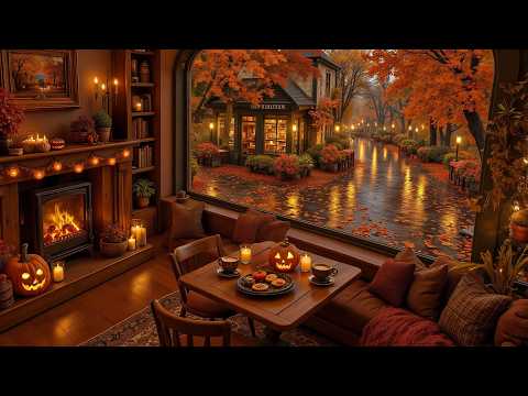 Soulful Pumpkin Halloween Café Jazz | Rainy Fall Street, Soft Jazz Piano & Warm Fireside Ambience