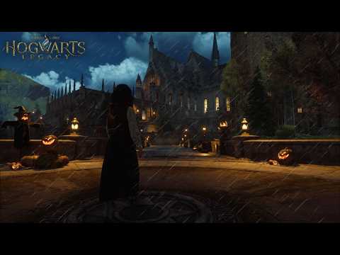 [4K] Stormy Autumn Night Walk in Hogwarts on Halloween 🎃 | Harry Potter Ambience