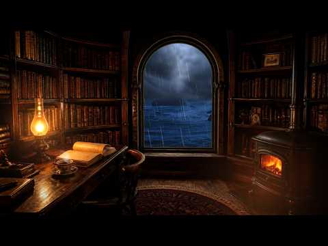 2 Hours Rain & Thunder Sounds for Reading 📖 Cozy Lighthouse Library in a Storm