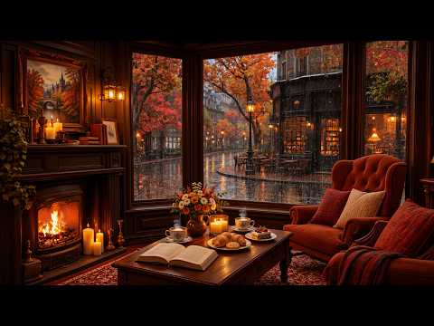 Jazz Instrumental Music 🍁 Peaceful Autumn Rain Night & Cozy Fireplace for Work and Focus