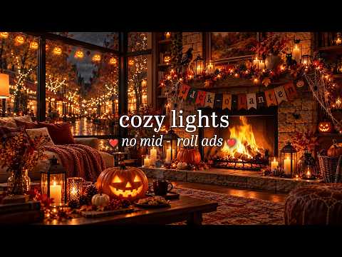 (NO MID-ROLL ADS) Cozy Autumn Lights & Jazz by the Fireplace 🍂 Warm Crackling, Quiet Nights Ambience
