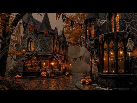 A Secret Bookstore Glowing Through the Autumn Mist on a Haunted Halloween | Dark Academia Ambience