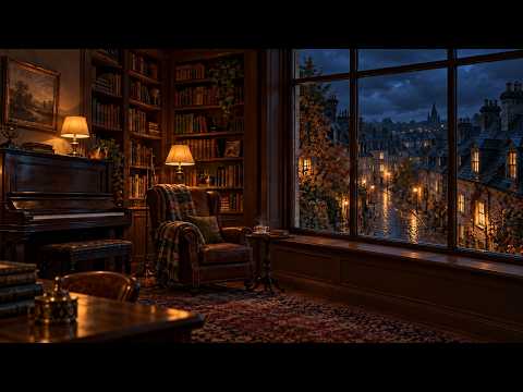 Reading Room Piano 🍂 Autumn Rain on Old Town Lanes for Sleep