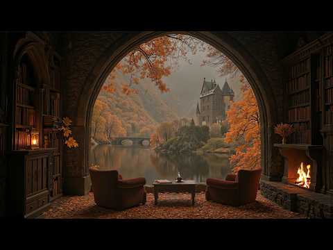 Victorian Autumn Castle Library | Gentle Piano & Fireplace Sounds | Dark Academia Reading Night