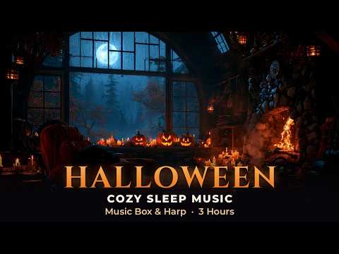 Cozy Halloween Sleep Music 🎃 Witch's Cottage on a Rainy Night · Music Box, Harp & Piano (3 Hours)