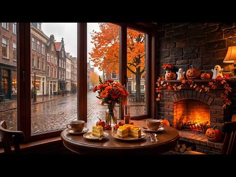 Rainy Jazz Music & Cozy Street Window Ambience ☔ Autumn Jazz Music for Study, Sleep