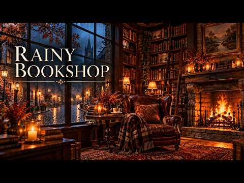 Rainy Autumn Bookshop in an Old Village 🍂📚 Fireplace & Soft Piano for Reading