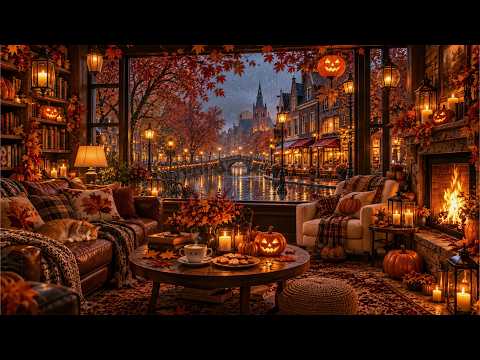 (NO MID-ROLL ADS) Cozy Autumn Halloween Jazz ☕ Gentle Rain, Pumpkin-Lit Streets & Fireplace Warmth