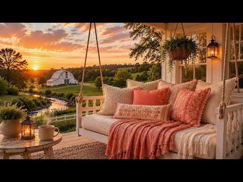 Cozy Coral Daybed Porch Swing Countryside View | Breeze, Birds & Peaceful Farm Ambience (8 Hours)