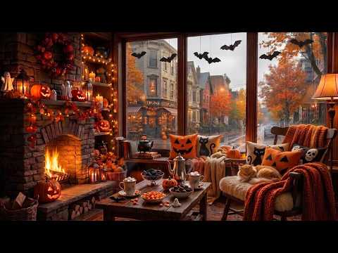 Rainy Autumn Street Jazz 🎃 Halloween Morning, Cozy Window & Fireplace Jazz