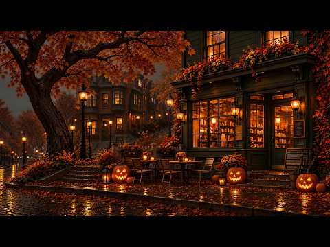 Halloween Gothic Reading Café Along the Sloping Old Street | Autumn Mist & Dark Academia Piano