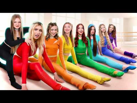 Rainbow girls become gymnasts! All colors meet the goth girl