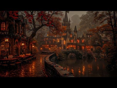 Autumn Castle Town Cafe by the River | Gothic Cozy Ambience | Dark Academia Piano for Read and Study