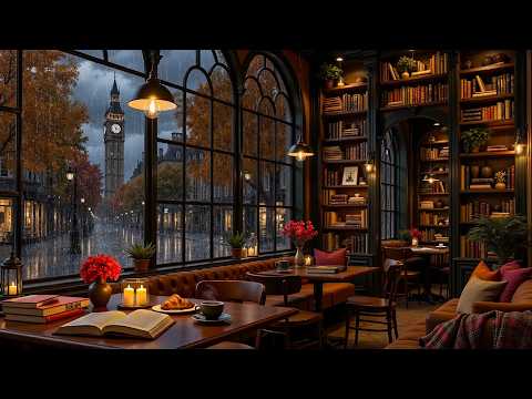 Rainy Autumn Jazz in London Café  🍂 Cozy Coffee Shop Ambience for Reading, Study & Relaxation