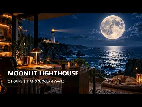 Moonlit Lighthouse 🌕 2 Hours of Calm Piano & Ocean Waves for Deep Focus, Reading & Stress Relief