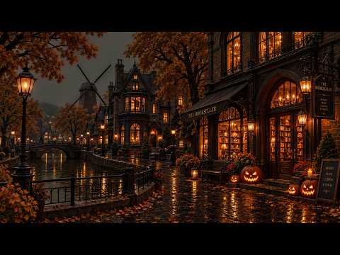 Halloween Gothic Bookshop Where the Canal Turns Quiet | Autumn Mist & Dark Academia Piano