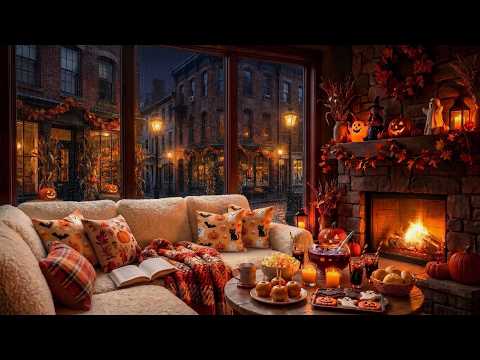 Halloween Night Jazz 🎃 Rainy Window, Lamplit Street &amp; Fireplace Jazz Music