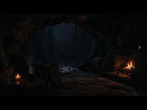Ad-Free Sleep – Cozy Forest Cave 🌧️ Gentle Rainfall & Fireplace Sounds for Calm Rest Tonight 🔥