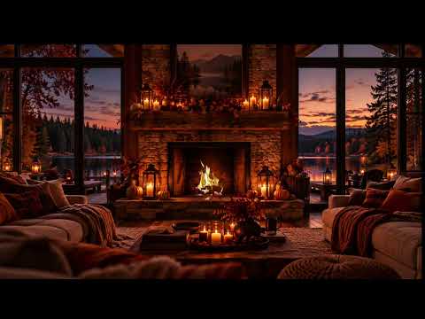 Cozy Autumn Fireplace Jazz 🍂 Crackling Fire & Lakeside Cabin Ambience