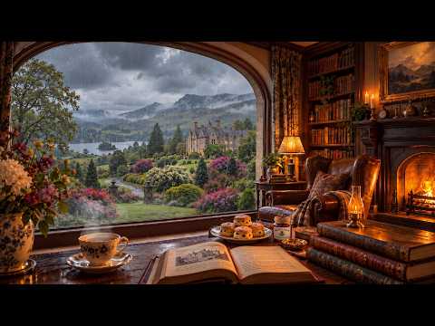 Cozy Scottish Library Ambience 🏰 Rainy Estate Manor, Soft Rain & Crackling Fireplace | Celtic Music