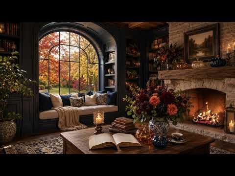 Cozy Autumn Reading Room with Fireplace 🍂🔥 Relaxing Fire Sounds for Reading, Sleep & Study
