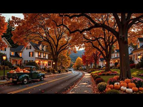 Stroll Through a Peaceful Autumn Village in Vermont🍂 Calm October Jazz , Warm Bakery & Golden Leaves