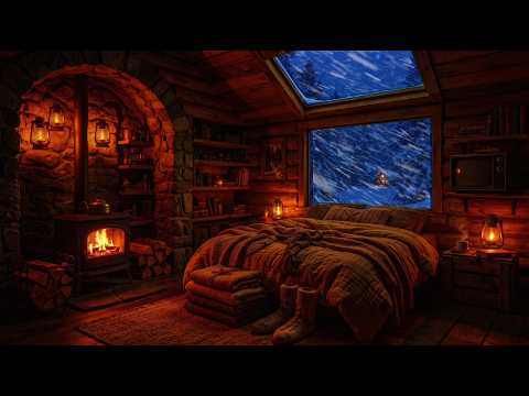 Hidden Away From the Winter Storm ❄️ Fireplace & Snowstorm Sounds | Blizzard Howling Wind for Sleep