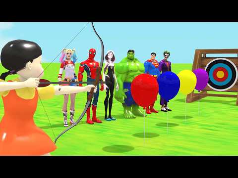 Super Hero 3D Funny Game Squid Game Doll Balloon Archery Challenge! Who Wins?