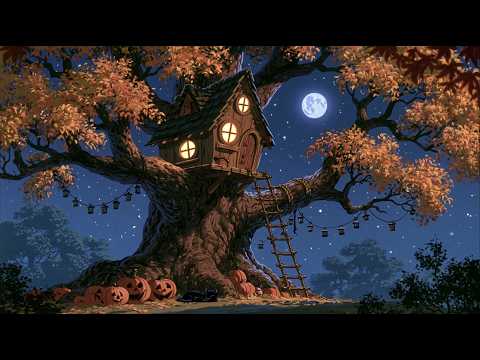 under a giant old tree with a little treehouse on halloween night | cozy autumn ambience 🍂