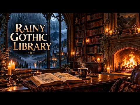 Cozy Gothic Library Ambience | Rain & Fireplace, Fantasy Music for Study & Sleep (2 Hours, 4K)