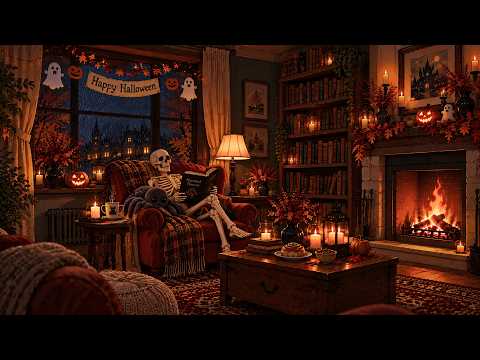 Cozy Halloween Reading Nook 🎃📚 Spooky Fall Jazz, Fireplace Glow & Rain Sounds for Deep Focus