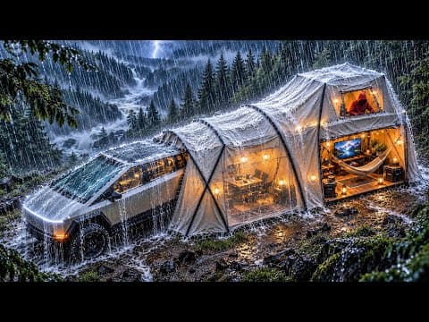 HEAVY RAIN CAMPING ⛈️ I BUILT A GIANT TWO-STORY TENT ALONE WITH A CYBERTRUCK
