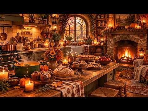 Cozy Autumn Kitchen Baking Day 🍁 Crackling Fireplace, Cooking Sounds & Peaceful Fall Ambience