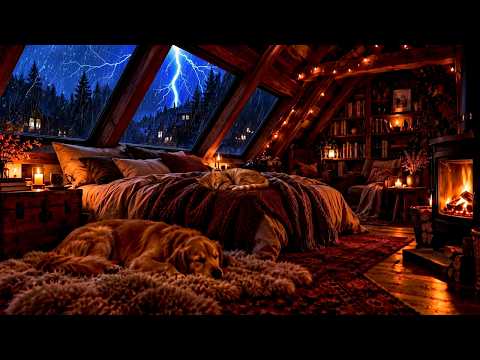 Rainy Attic Cabin at Night ⛈️ Crackling Fireplace, Thunder & Deep Sleep Sounds