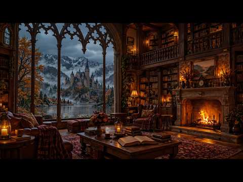 Cozy Castle Library Ambience 🌧️ Celtic Music, Rainy Loch View & Crackling Fireplace | Dark Academia
