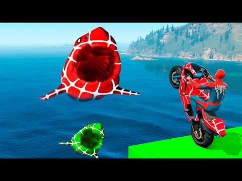 سبايدر مان اصعب دراجة نارية فوق اسماك القرش - Superheroes Ride on Motorcycle Stunt Funny Moments??