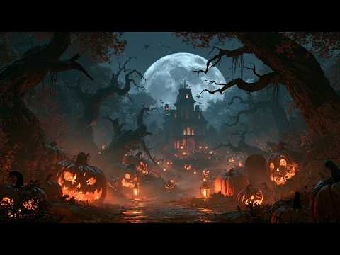 Relaxing Halloween Ambience | Haunted House Ambience With Glowing Pumpkins And Full Moon Night