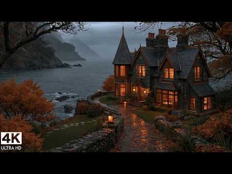 Dark Academia Ambience | rain outside library | cold piano | deep focus and reading | 4k | 3 hours